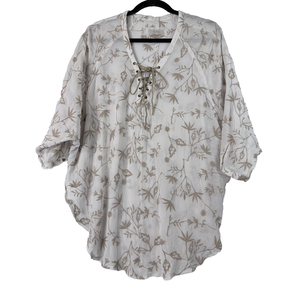 Wrap London Embroidered Lace Up Tunic Blouse Ivory Beige Boho Peasant Top 12/14